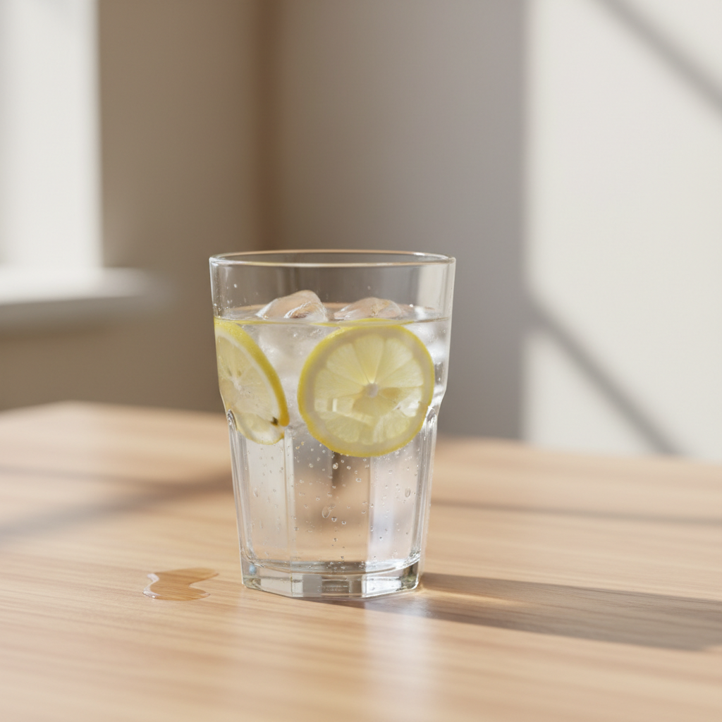 Vaso de agua cristalina con rodajas de limón sobre una mesa de madera