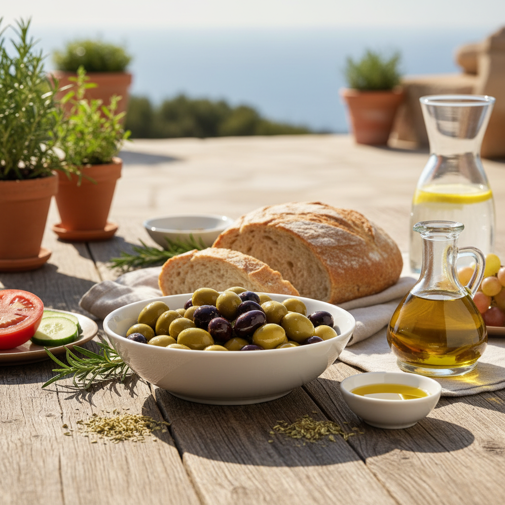 Mesa servida con dieta mediterránea: aceitunas, pan integral y aceite de oliva