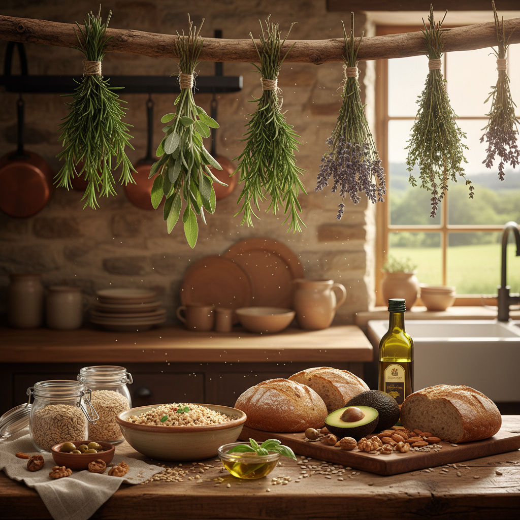 Hierbas aromáticas frescas colgando para secar en una cocina rústica