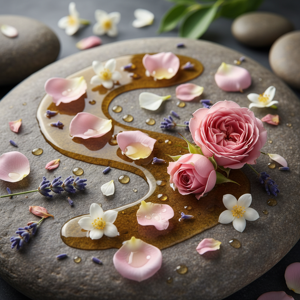 Textura de aceite botánico y pétalos de flores sobre una superficie de piedra